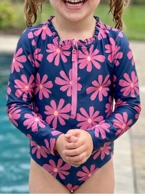 Carter’s Girls Floral Rash Guard Swimsuit One Piece Pink Blue 5T